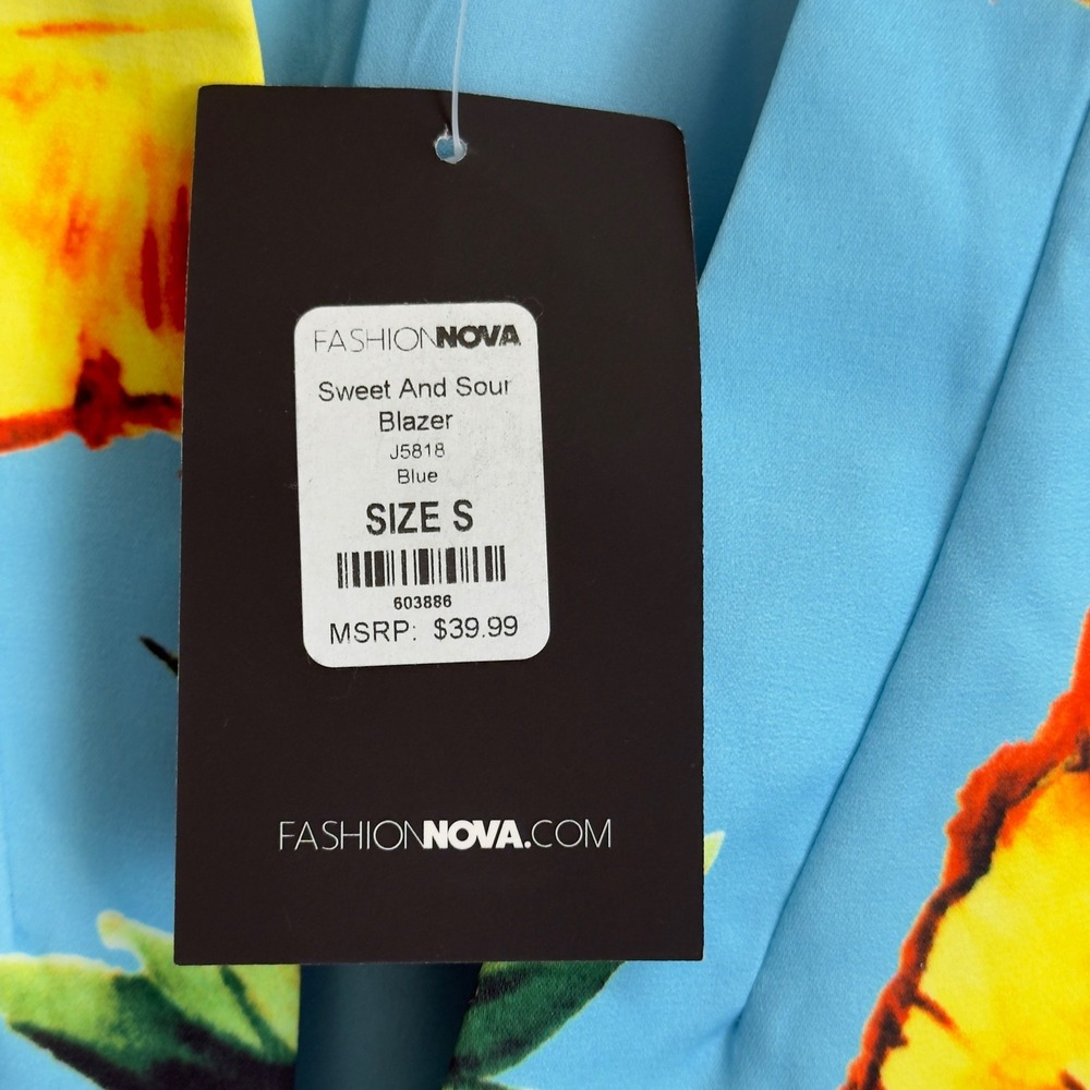 Fashion Nova Sweet And Sour Blazer Blue‎ Pineapple Tropical Print Jacket Size S - Picture 3 of 9